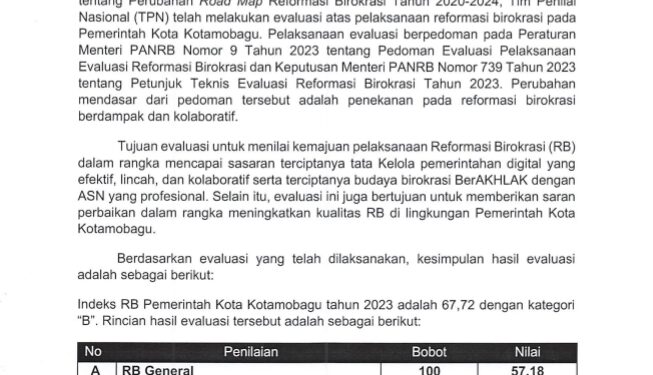 Pemkot Kotamobagu Raih Nilai Tertinggi Implementasi Reformasi Birokrasi se – Sulut
